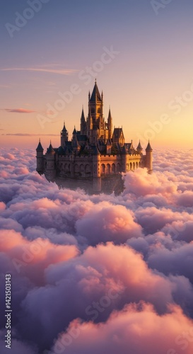 Majestic castle suspended above a sea of fluffy clouds illuminated by the soft glow of dusk