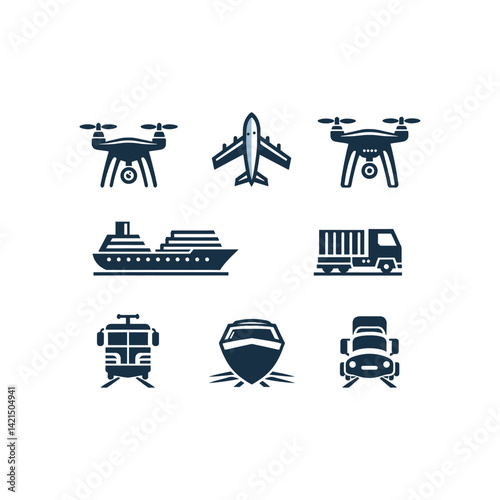 The Drone  the train  the cruise ship and truck. International transport concept for trips and tourism logo Vector Illustratio