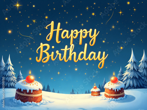 Winter Wonderland 'Happy Birthday' Greeting with Snowy Cakes and Stars