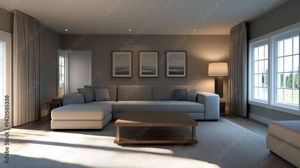 Fototapeta premium Cozy minimalist living room design earthy decor contemporary style bright environment inviting viewpoint