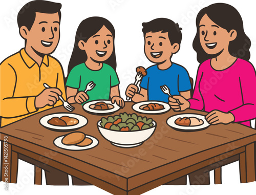 A cheerful vector illustration depicts a family of four enjoying dinner together around a wooden table