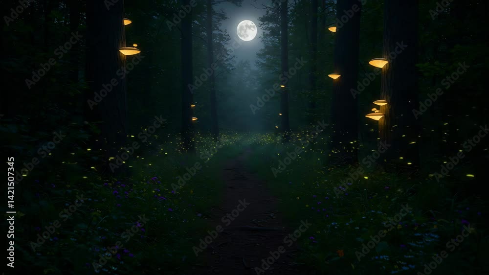 Magical Forest Path Illuminated by Fireflies at Night Magical Forest Path Illuminated by Fireflies at Night