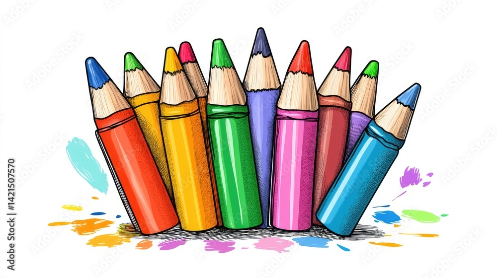 Fototapeta premium Vibrant Colored Pencils Arranged in a Creative Composition Against a White Background with Paint Splatter