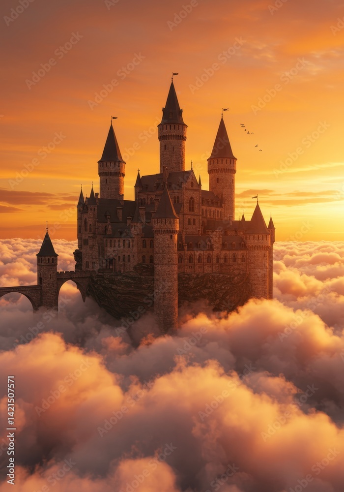Fairytale castle amidst a sea of clouds, bathed in the warm glow of the setting sun Fairytale castle amidst a sea of clouds, bathed in the warm glow of the setting sun