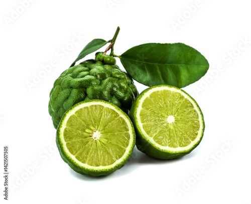 fresh bergamot fruit with leaves isolated on white background