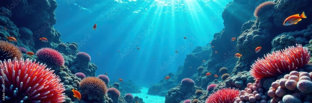 Fototapeta premium Luminous blue water, coral teeming with brightly colored fish , marine life, seabed, tropical