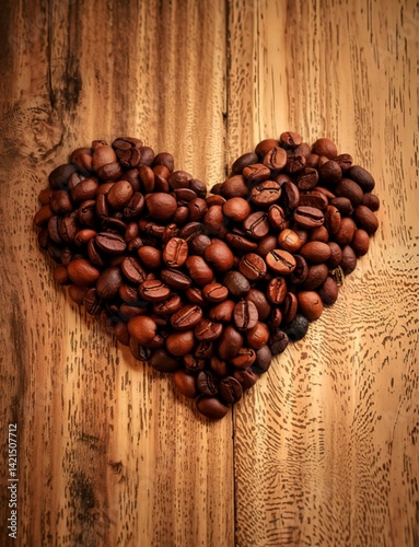 heart fron coffee beans, on wooden surface