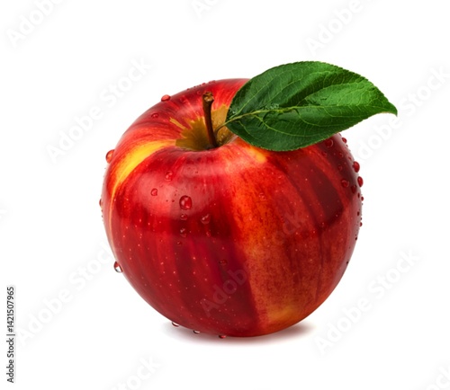 red apple with green leaf and water drop isolated on white background