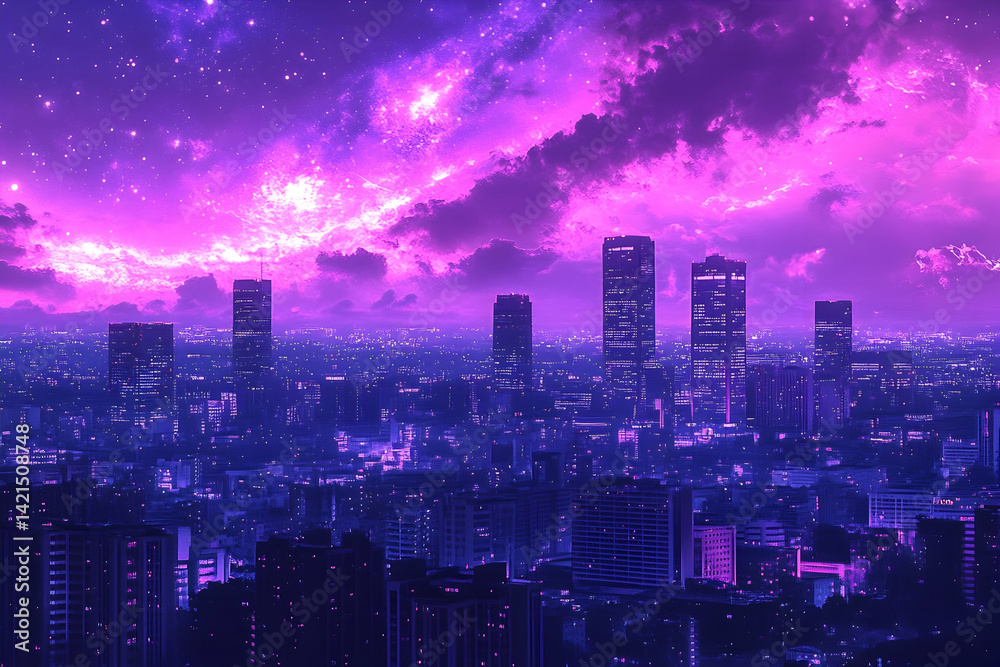 Fototapeta premium Surreal cityscape at twilight, bathed in vibrant purple hues under a fantastical, star-studded sky. Perfect for fantasy, sci-fi, or dreamlike themes.