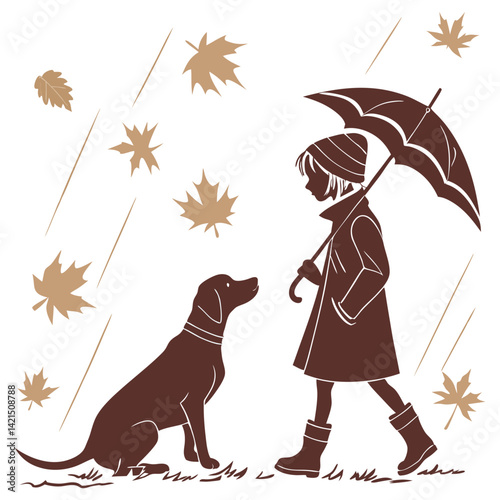 dog and girl on a rainy day autumn leaves maple 