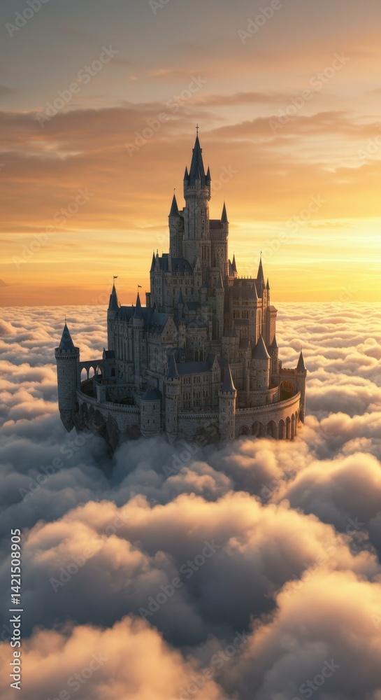 Fototapeta premium Majestic Castle Perched Above a Sea of Clouds at Golden Hour Serenity