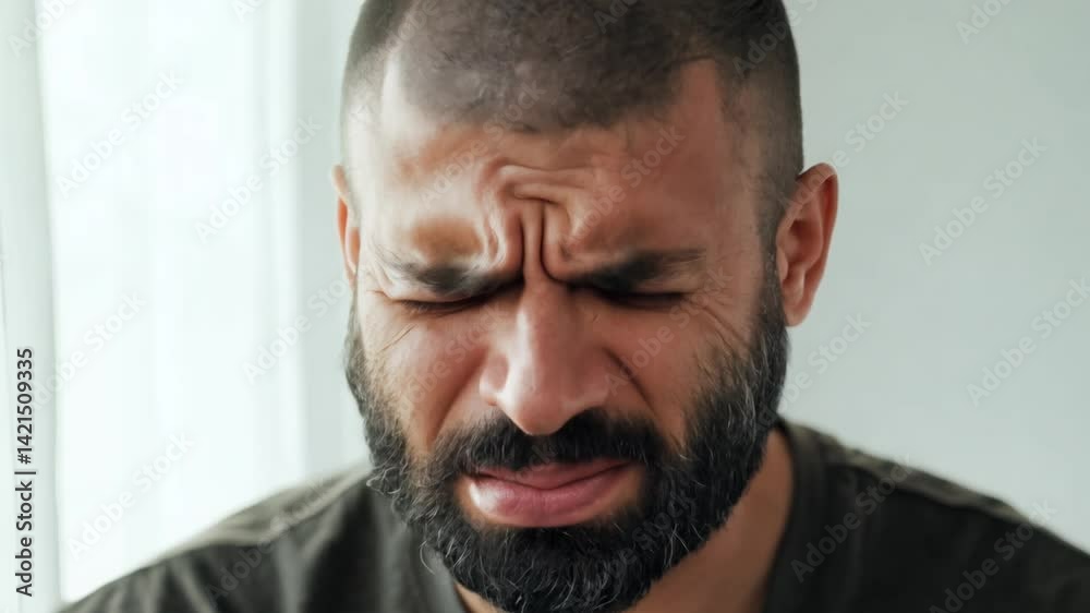 Close-up static video of a man with unconventional beard and asymmetrical features, expressing intense anxiety, with natural window light