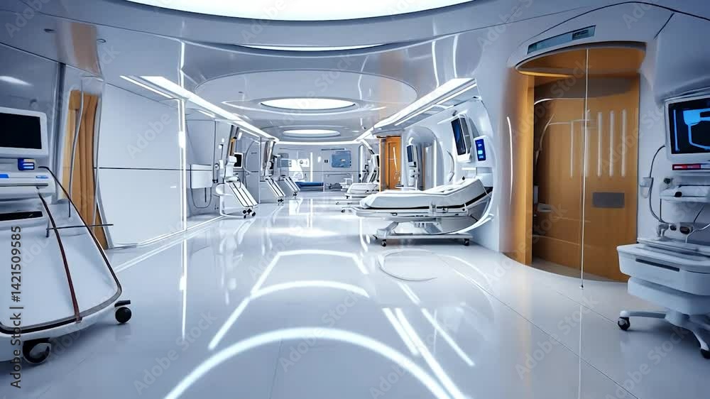 Futuristic hospital corridor with modern medical equipment