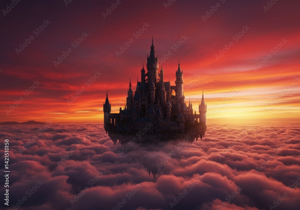 Naklejka premium Mystical castle hovering above clouds bathed in the vibrant hues of a sunset