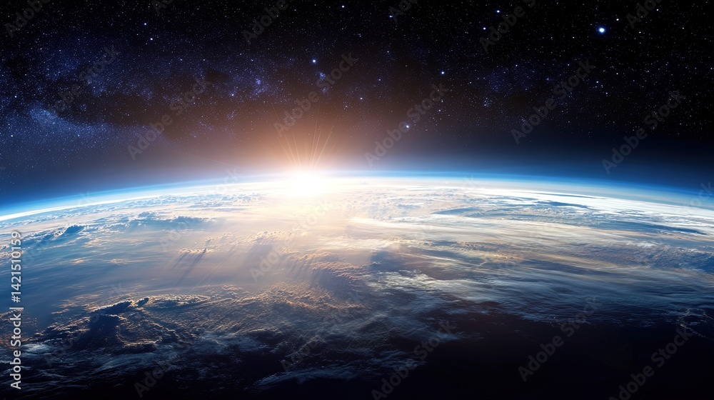 Obraz premium Majestic Sunrise Over Earth from Space – Cosmic View of Planet and Horizon Light