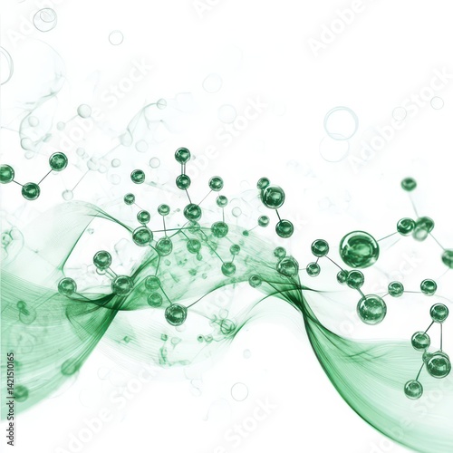 An abstract representation of green molecules and flowing lines, symbolizing scientific concepts or environmental themes.