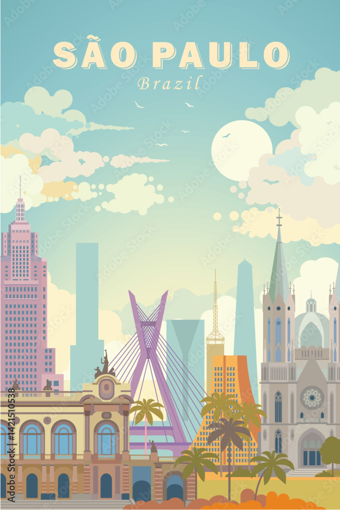Fototapeta premium Sao Paulo city landmarks vector illustration poster design, Brazil