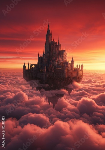 Ethereal Castle Perched Above Clouds Under Dramatic Red Sky Fantasy Scene