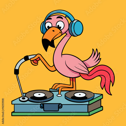 Funky Flamingo DJ Spinning Vinyl in Retro Headphones
