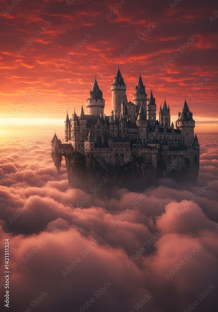 Naklejka premium Majestic castle soars above a crimson cloudscape at sunrise or sunset