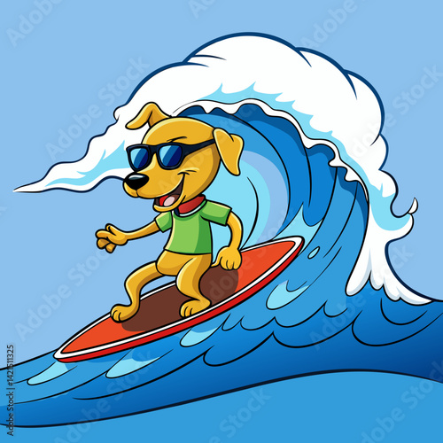 Cool Surfer Dog Riding a Giant Wave with Sunglasses On

