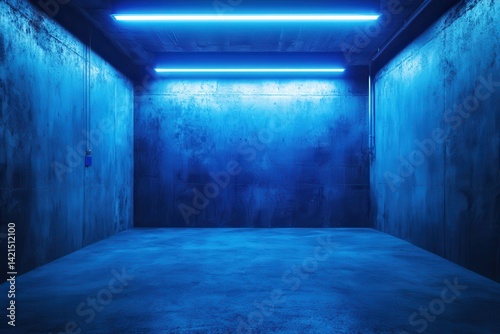 Empty Industrial Garage with Neon Blue Lighting