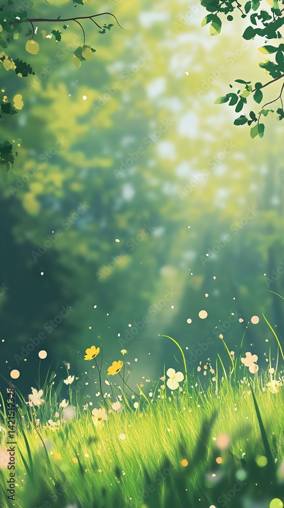 Obraz premium A serene natural landscape featuring blooming flowers and lush green grass, bathed in gentle sunlight, ideal for tranquility and rejuvenation.