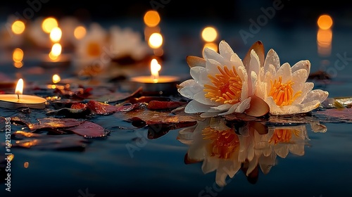 Water Lilies and Floating Candles on Water Surface