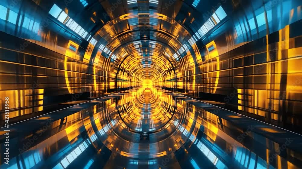 Futuristic tunnel with vibrant lighting and mirrored surfaces