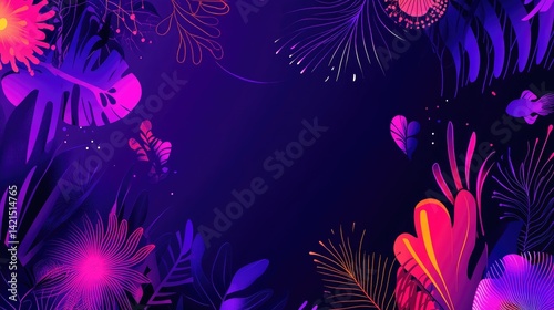 Vibrant Neon Floral Fantasy: A Night Bloom Extravaganza in a Dark Purple Setting
