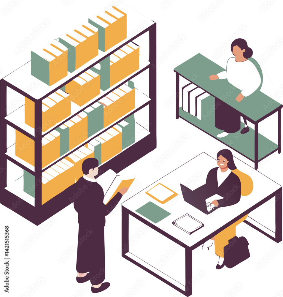 Naklejka premium Isometric Vector of Legal Library with Open Law Books and Research Team Illustrator Artwork