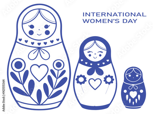 Matryoshka Doll Illustration for International Women’s Day. Decorative Russian Nesting Dolls with Floral Elements. Cute Women’s Day Design Featuring Blue Folk Art Dolls.