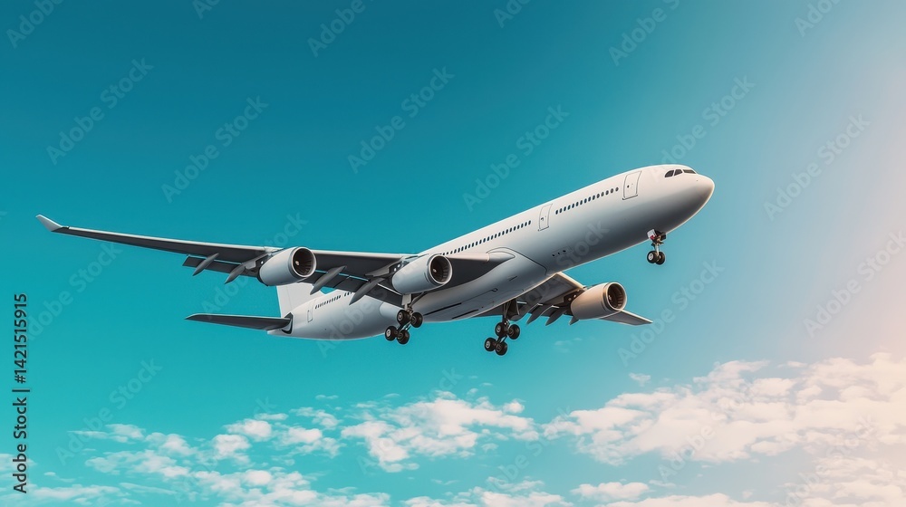 Fototapeta premium Aircraft Flying High Above the Clouds with Clear Blue Sky and Sunlight in the Background