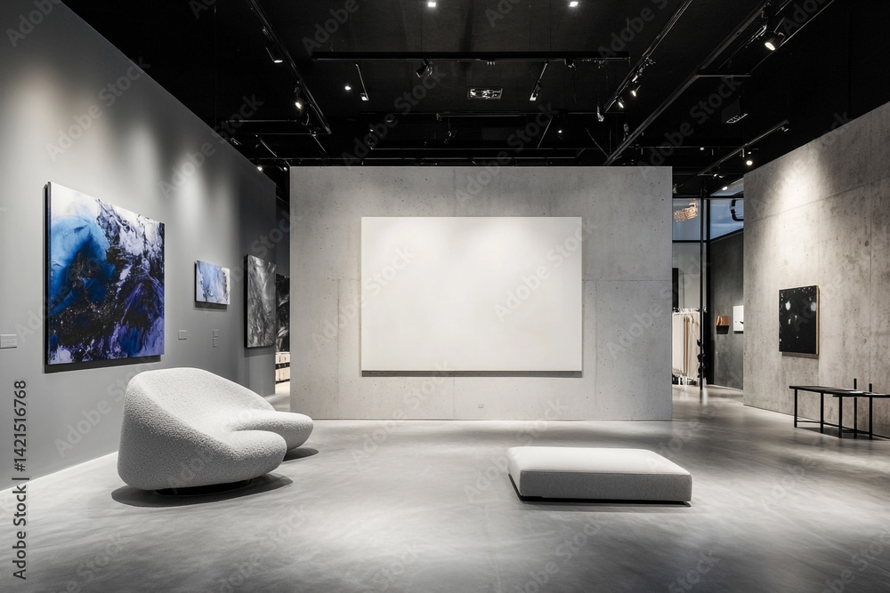 Modern art gallery interior design minimalist furniture abstract paintings concrete walls