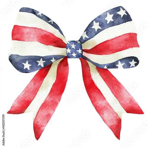 A Watercolor Patriotism Bow, Red White and Blue, Stars and Stripes, Festive Americana