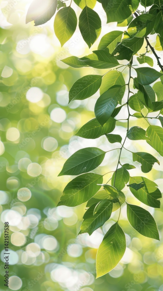 Sunlit green leaves on tree branch with bright bokeh background and natural glow, ideal for Earth Day visuals, eco lifestyle branding, and mindful nature content