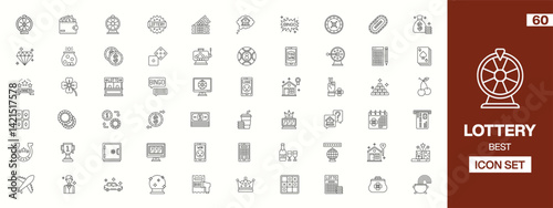 60 Lottery & Gambling Icons: Line-Art Illustrations Depicting Lottery Wheels, Money, Bingo Cards, Slot Machines, Playing Cards, Dice, and Other Casino-Themed Elements for Design Projects