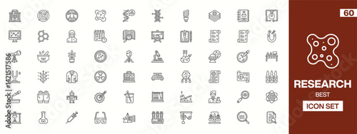 60 Research Icons: Line-Art Illustrations of Scientific Tools and Concepts Including Microscopes, Telescopes, DNA Strands, Beakers, Robots, and Safety Goggles for Academic and Technical Projects