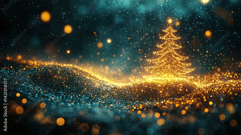 Naklejka premium Glittering Christmas tree illuminated by golden lights in a magical winter landscape