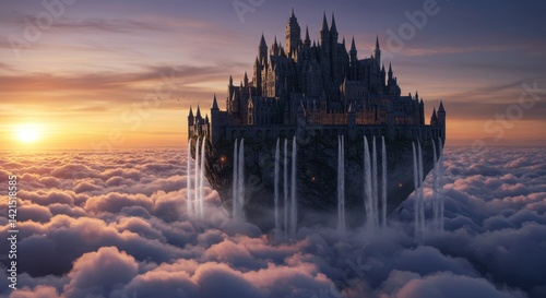 Majestic Floating Citadel Amidst Clouds at Dusk with Cascading Waterfalls
