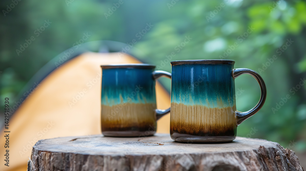 Coffee mug on tree stump at forest campsite with tent in background, copy space Coffee mug on tree stump at forest campsite with tent in background, copy space