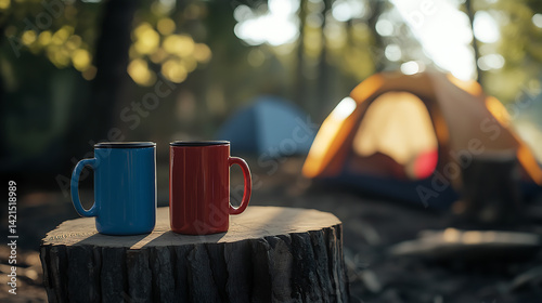 Coffee mug on tree stump at forest campsite with tent in background, copy space photo