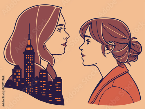 Digital Double Exposure of Business Team Silhouette Filled with Bustling Cityscape, Background, Copy Space, Double Exposure, Cityscape