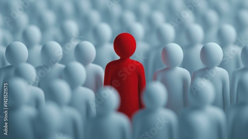 Unique Red Figure Surrounded by Crowded White Silhouettes Symbolizing Individuality in a Conformist Society