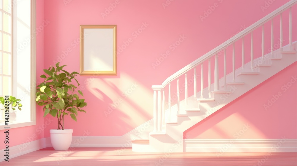 Obraz premium Bright and Cheerful Pink Room with White Staircase and Green Plant in a Modern Interior Design Setting