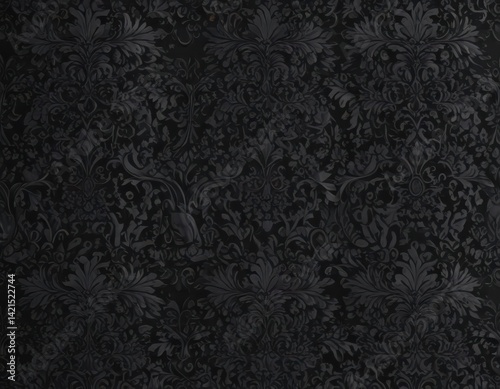 Intricate black damask, seamless floral vines , shadow, background