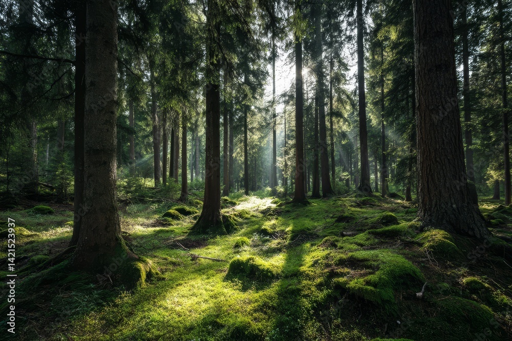 Naklejka premium Sunbeams Illuminate Mossy Forest Floor, Trees Stand Tall, Nature's Serene Beauty Unveiled