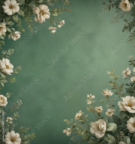 Muted green background with distressed floral overlay, botanical, vintage, plant