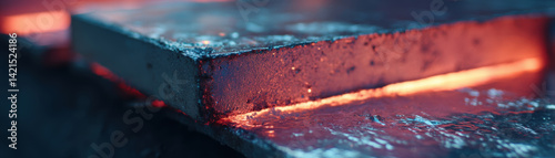 Close up of refined lithium sheets glowing with heat, showcasing metallic texture and vibrant colors of material. image captures industrial process of lithium refinement