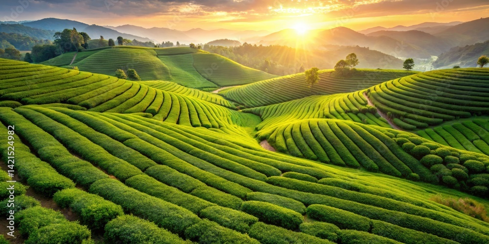 Fototapeta premium Aerial View of Lush Green Tea Plantation: Eco-Friendly Tea Farming, Beautiful Texture Background